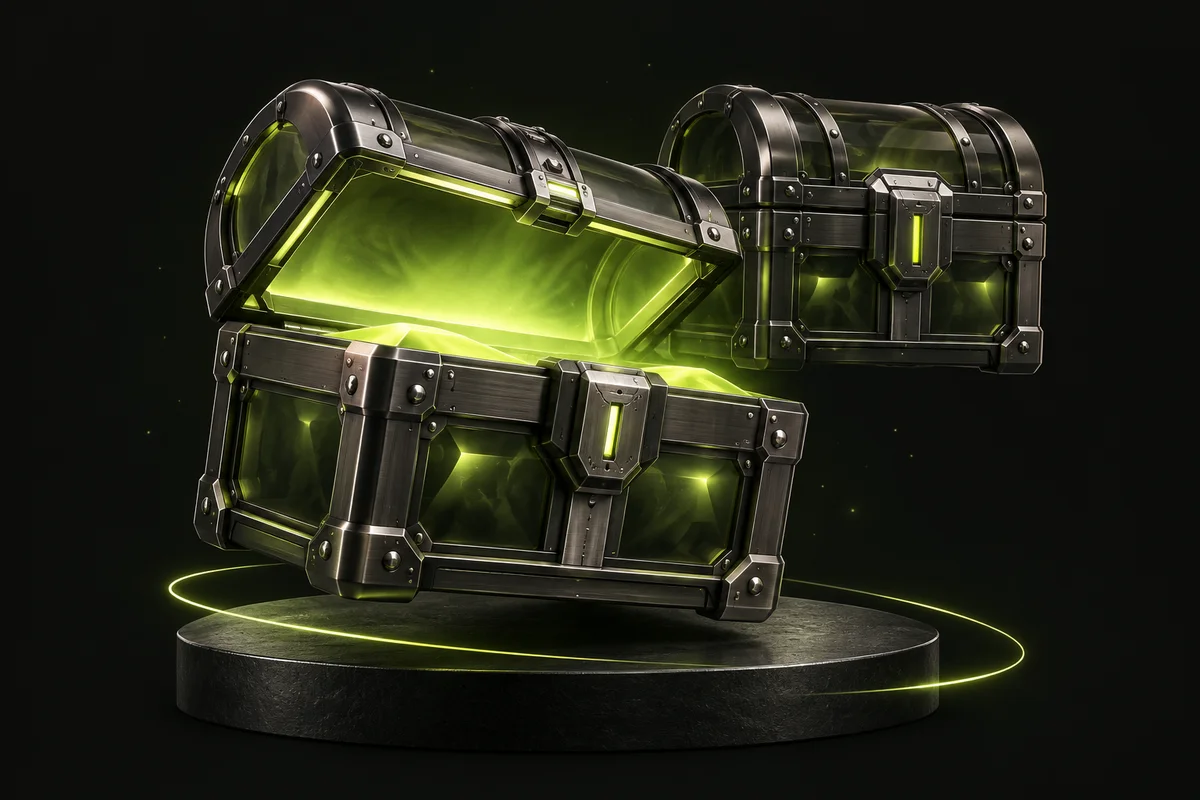 Zwei schwebende metallische Truhen, eine davon geöffnet und von innen limettengrün beleuchtet.